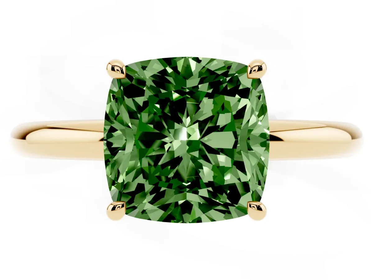 Fancy Green Cushion Cut Diamond Solitaire Ring with Thin Band and Four-Prong Setting Yellow gold