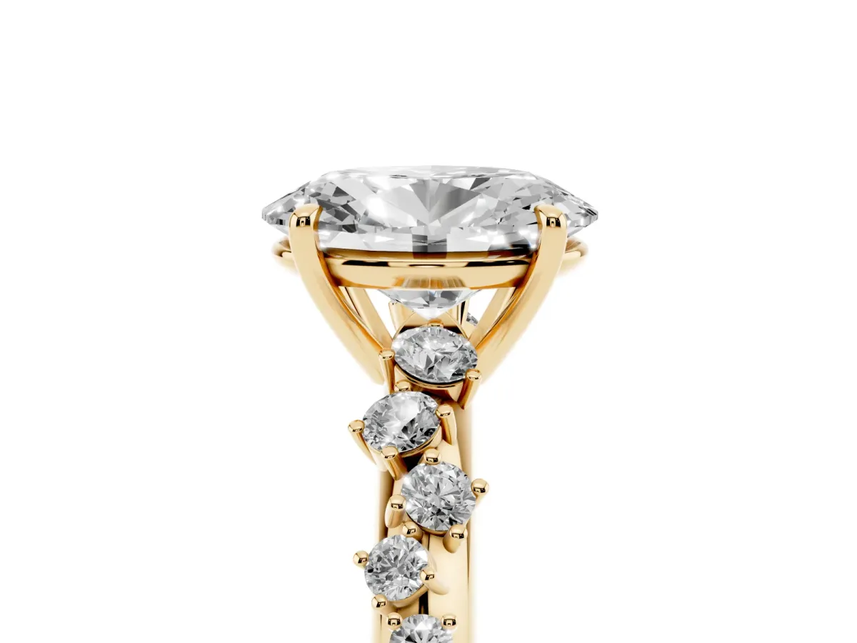 Oval Cut Diamond Cluster Side Stone Solitaire Ring with Prong Setting Yellow gold