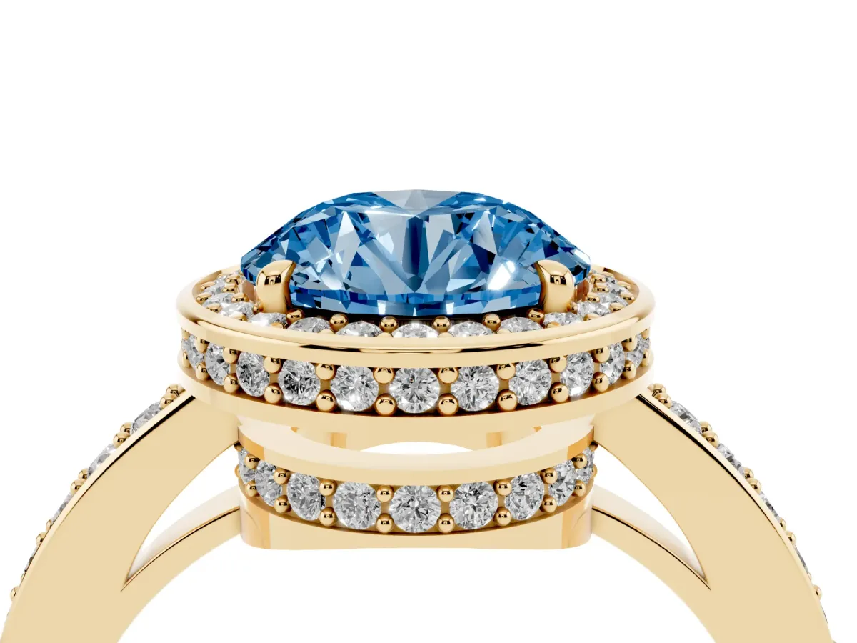 Fancy Blue Round Cut Halo Pave Band Solitaire Ring with Prong Setting Yellow gold