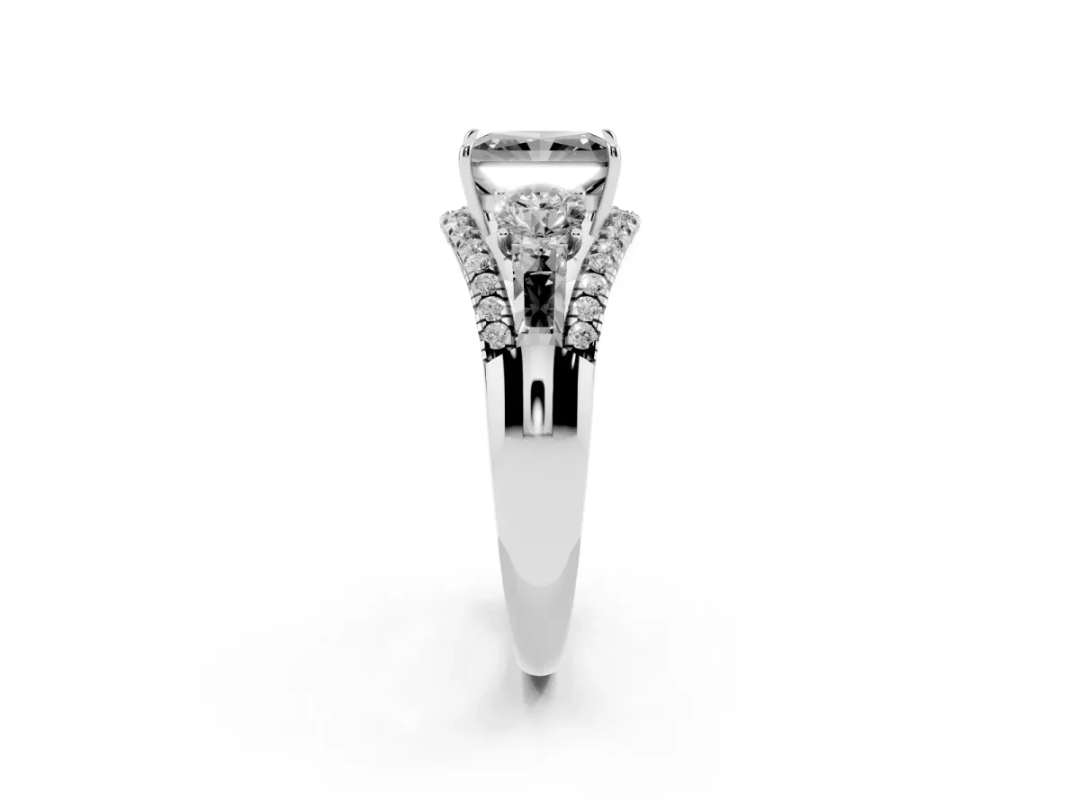 Fancy Black Three-Stone Radiant Cut Diamond Engagement Ring with Pave Band and Prong Setting Silver