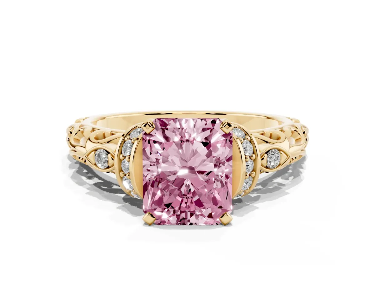 Fancy Pink Radiant Cut Diamond Solitaire Ring with Filigree Band and Four-Prong Setting Yellow gold