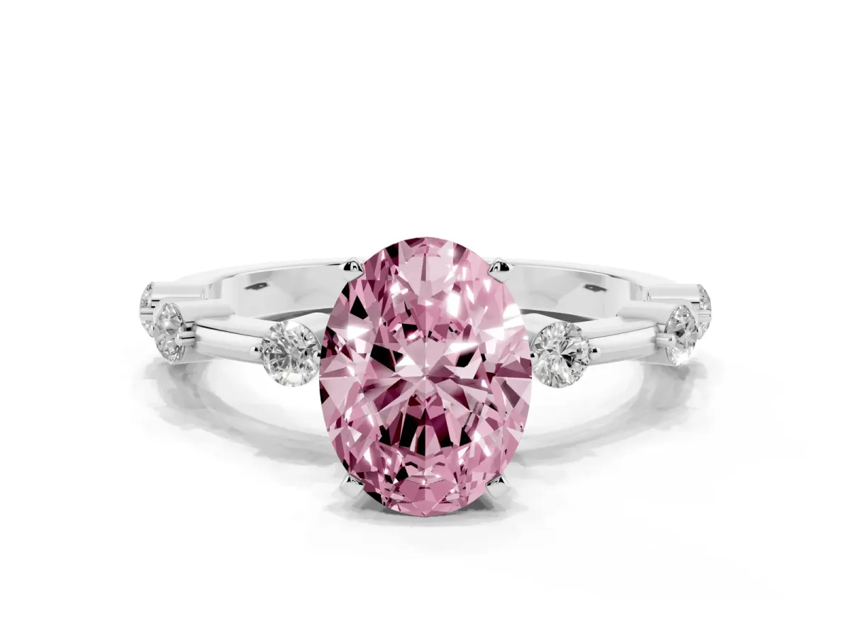 Fancy Pink Oval Cut Solitaire Diamond Ring with Bezel Set Side Stones and Prong Setting Silver