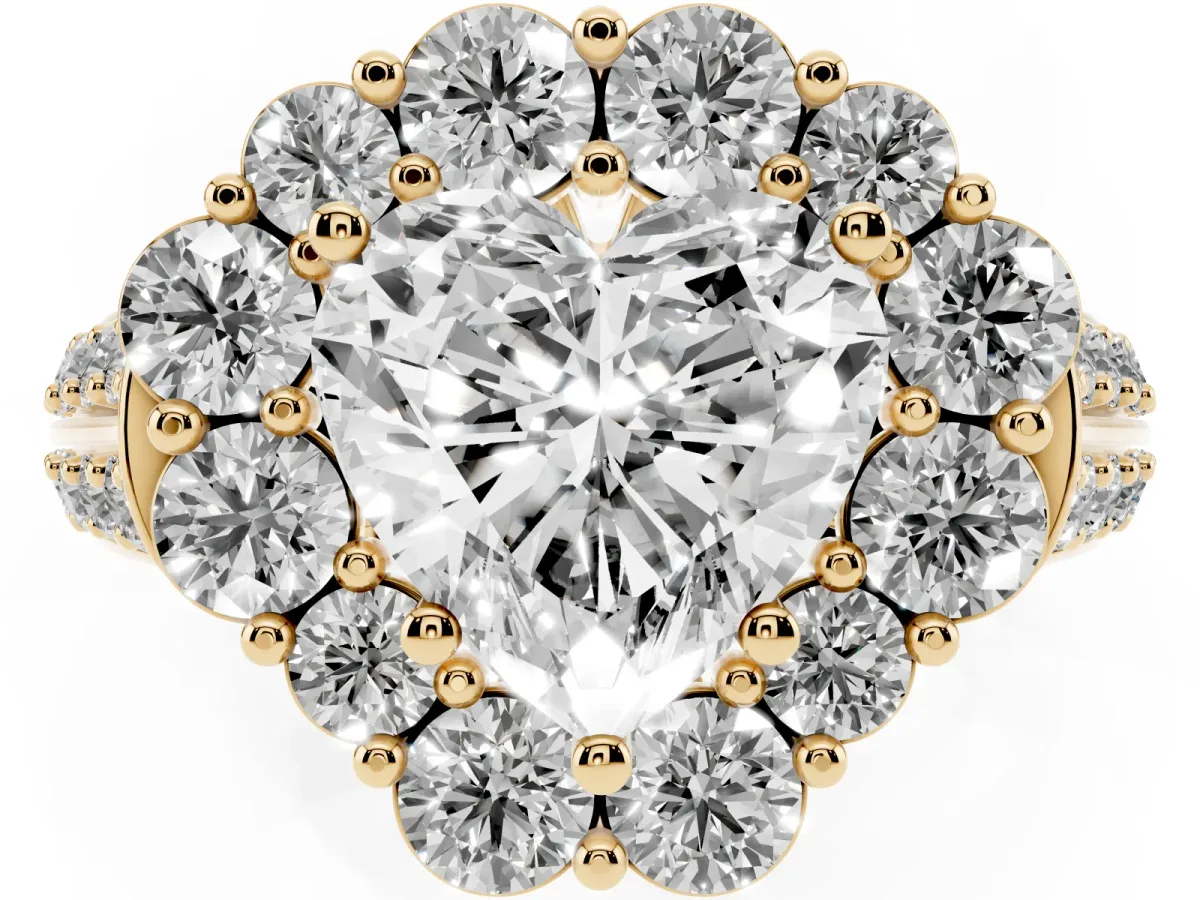 Heart Cut Halo Diamond Engagement Ring with Split Shank and Prong Setting Yellow gold