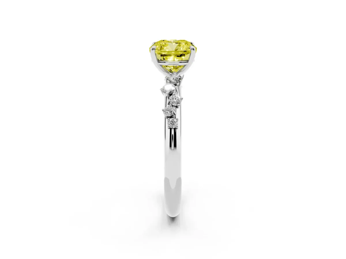 Fancy Yellow Cushion Cut Diamond Cluster Prong-Set Solitaire Ring Silver