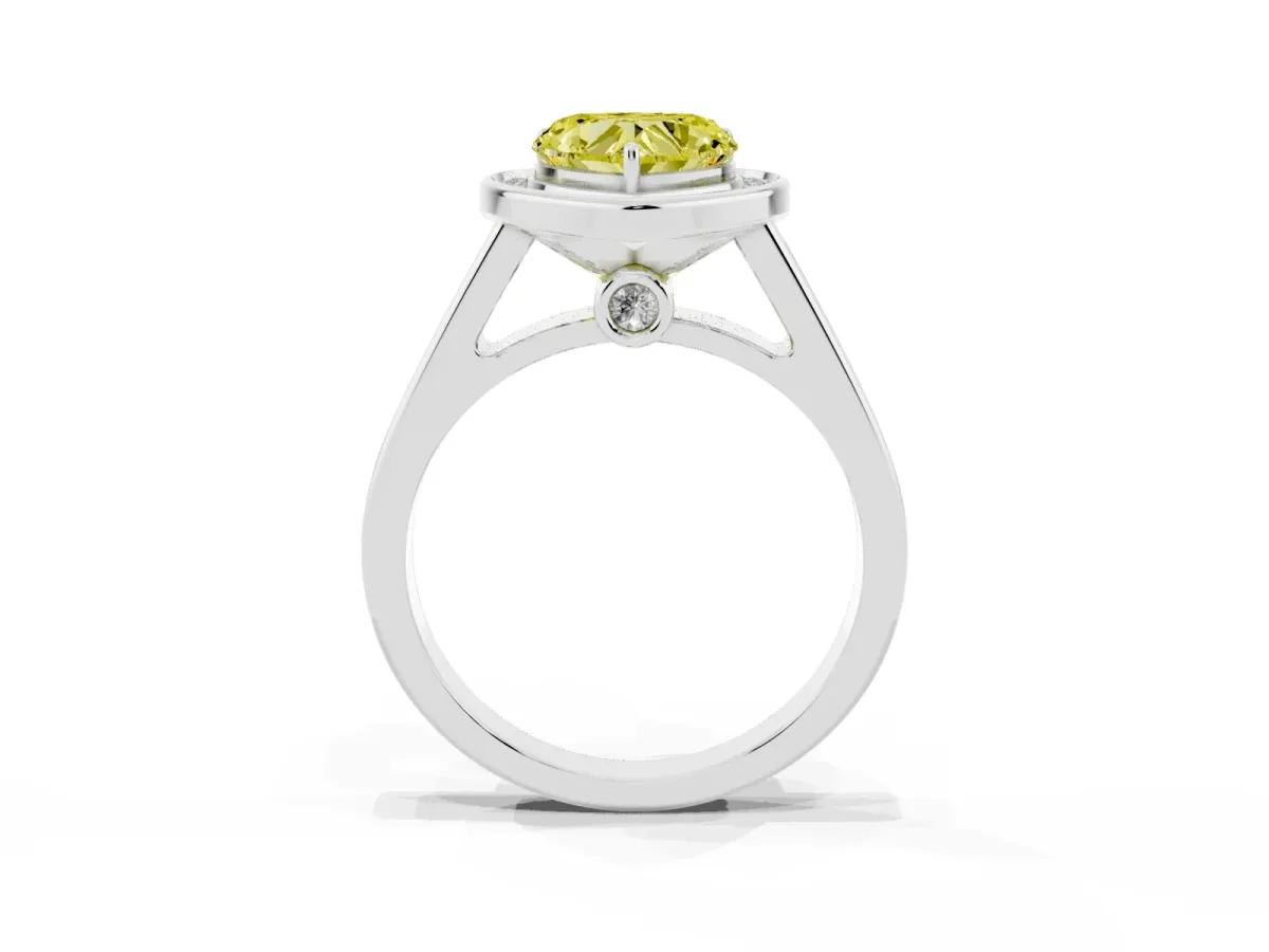 Fancy Yellow Heart Cut Halo Solitaire Diamond Ring with Pave Band and Bezel Setting Silver
