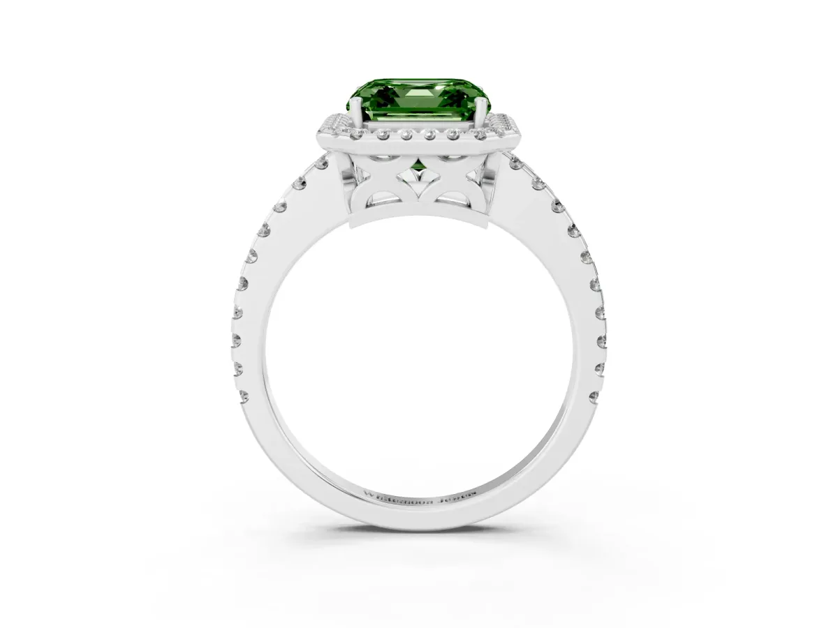 Fancy Green Asscher Cut Diamond Halo Engagement Ring with Pavé Band and Prong Setting Platinum