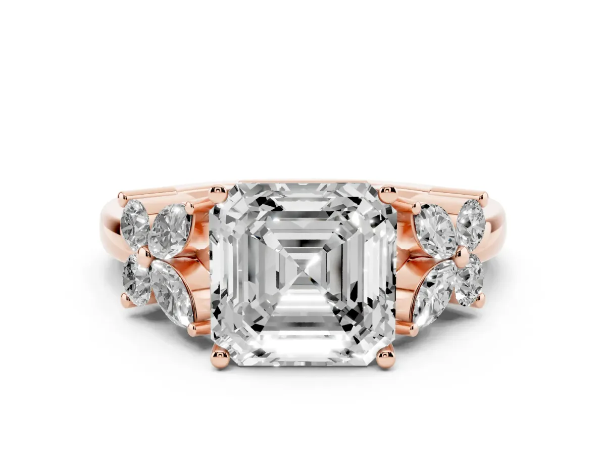 Princess Cut Diamond Floral Cluster Ring with Solitaire Band and Prong Setting Rose gold