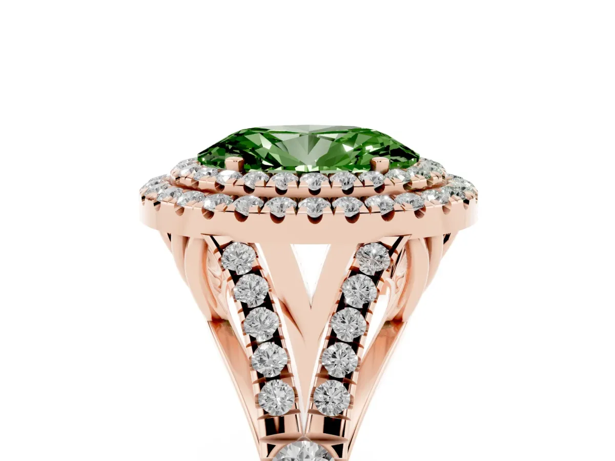 Fancy Green Double Halo Oval Cut Diamond Split Shank Engagement Ring with Four-Prong Setting Rose gold