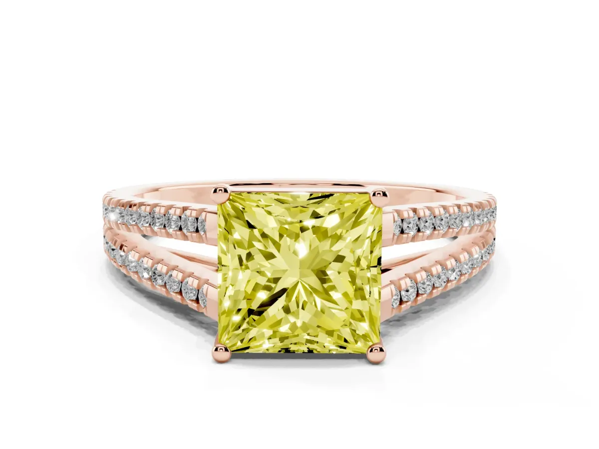 Fancy Yellow Princess Cut Diamond Solitaire Engagement Ring with Split Shank Pavé Band Rose gold