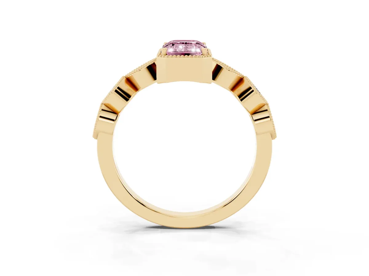 Fancy Pink Emerald Cut Diamond Vintage Milgrain Ring with Round Stations Yellow gold