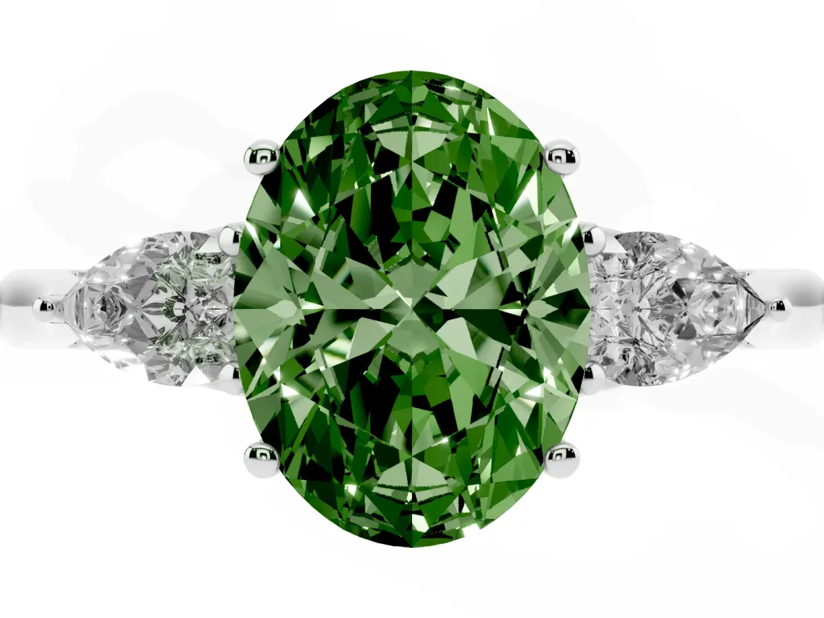 Fancy Green Oval Cut Diamond Three-Stone Ring with Pear Side Stones and Prong Setting Silver