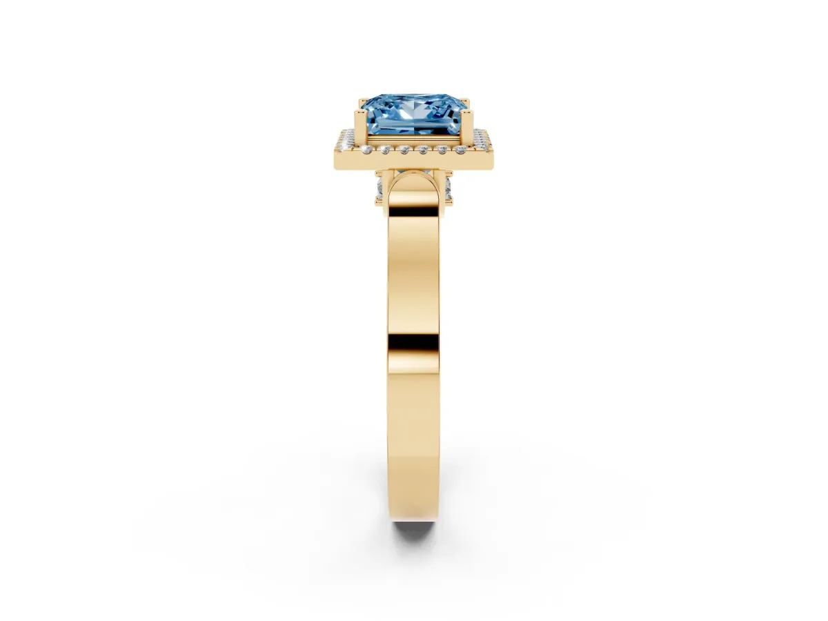 Fancy Blue Princess Cut Halo Round Diamond Twist Band with Four-Prong Setting Yellow gold