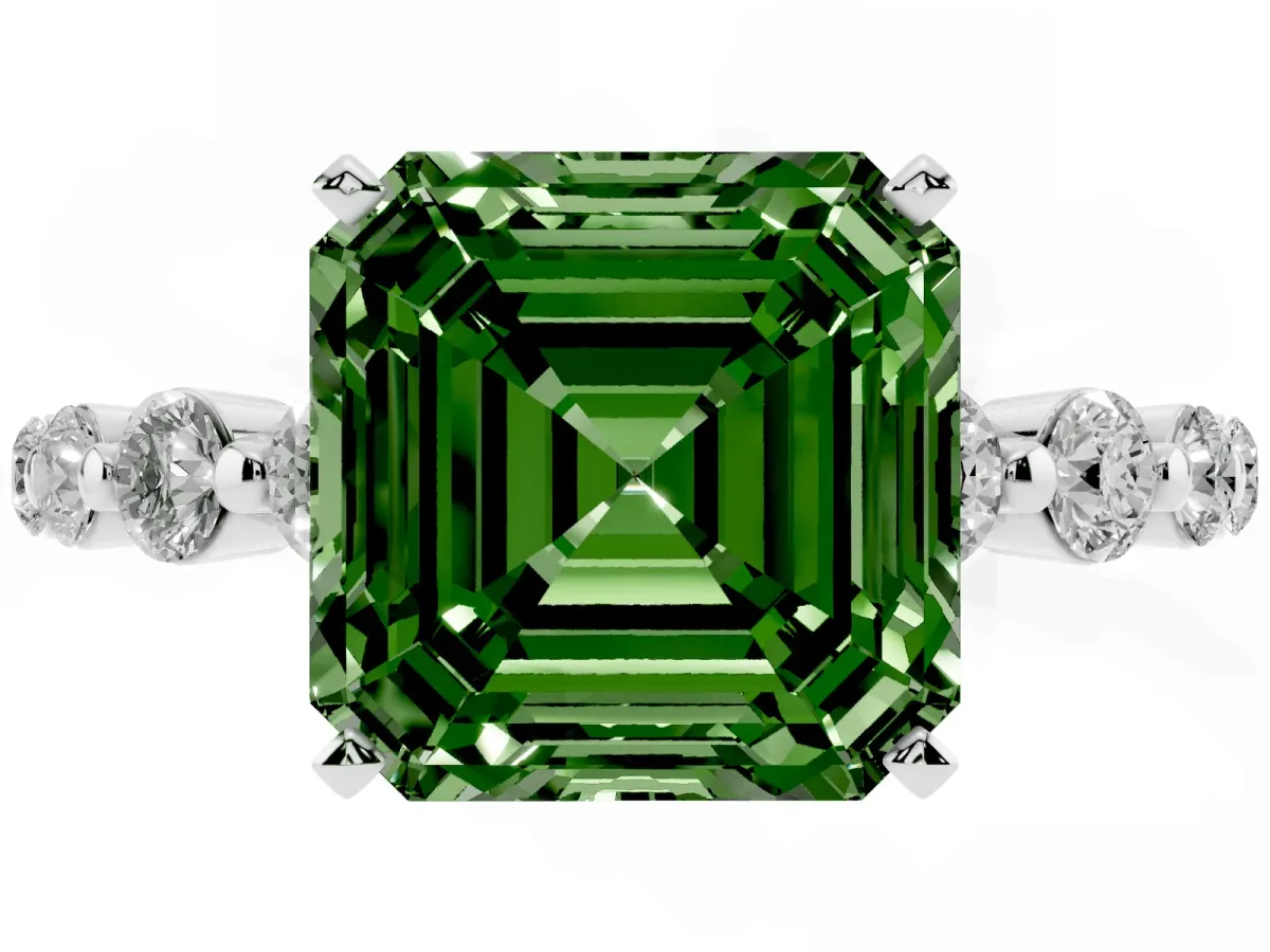 Fancy Green Asscher Cut Solitaire Diamond Ring with Pave Band and Four-Prong Setting Silver