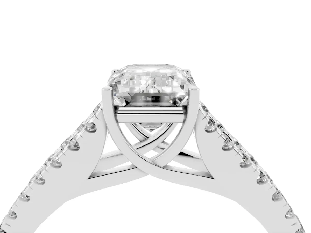 Emerald Cut Diamond Split Shank Pavé Engagement Ring with Four-Prong Setting White gold