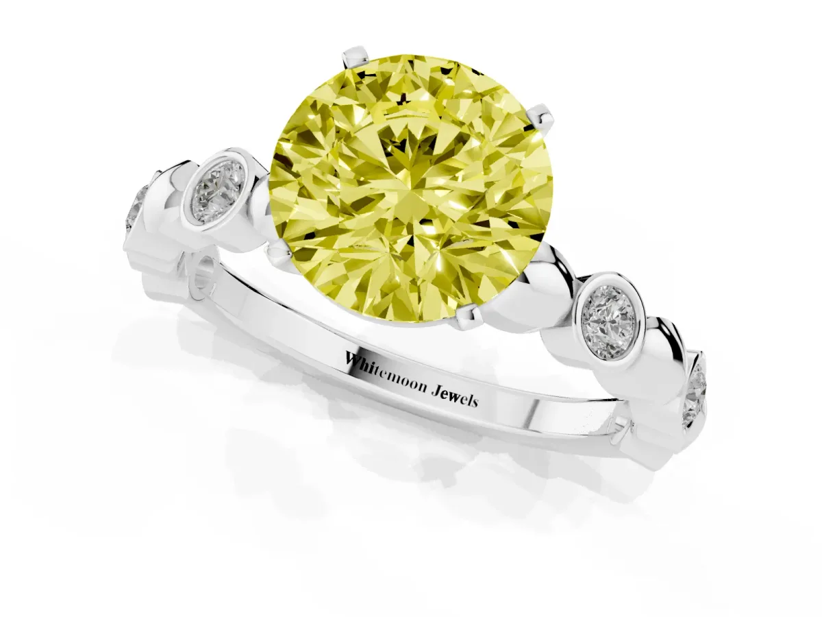 Fancy Yellow Round Cut Solitaire Bezel-Set Diamond Ring with Beaded Band and Four-Prong Setting Platinum