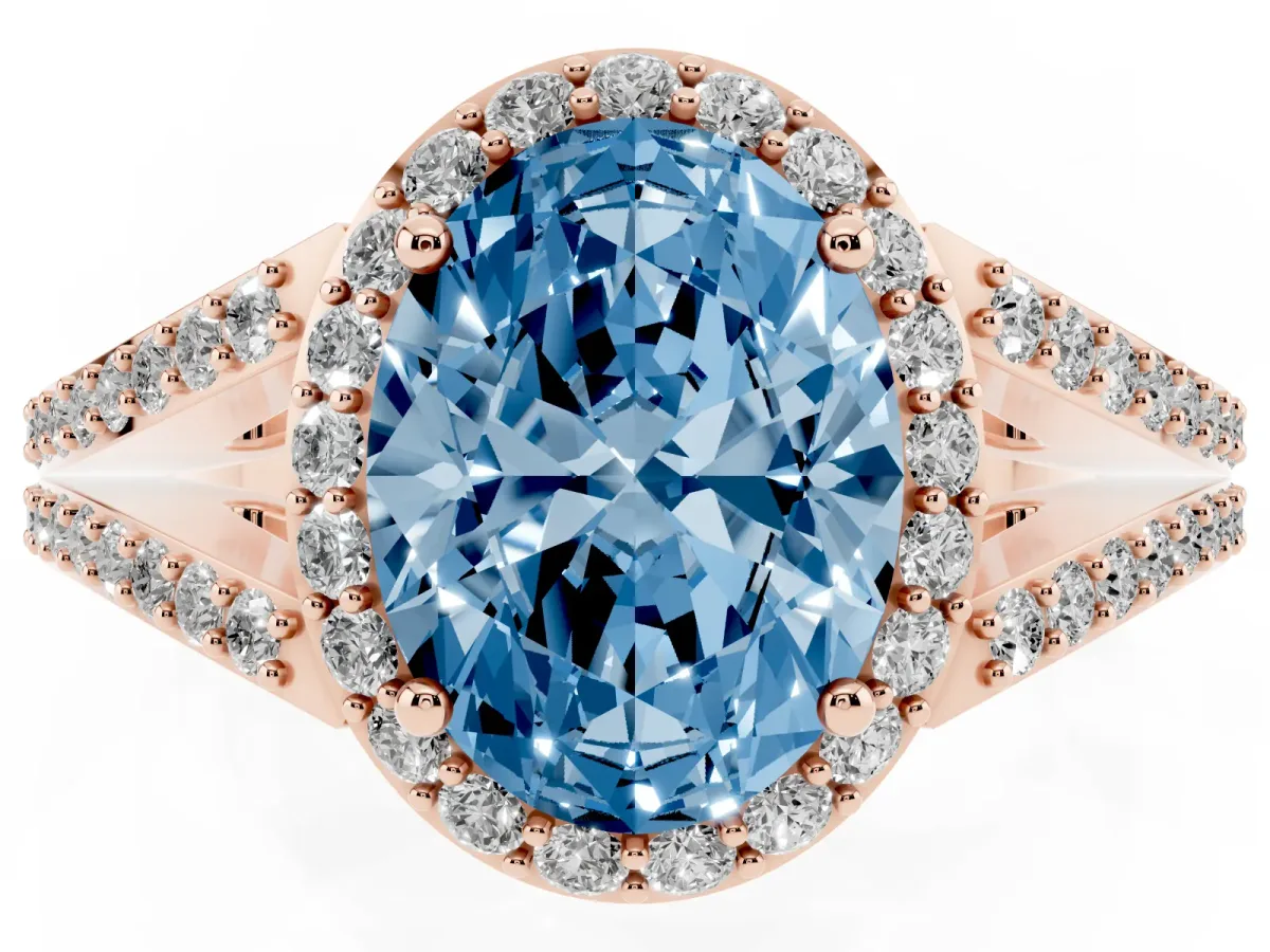 Fancy Blue Oval Cut Halo Split Shank Pave Diamond Ring with Four-Prong Setting Rose gold
