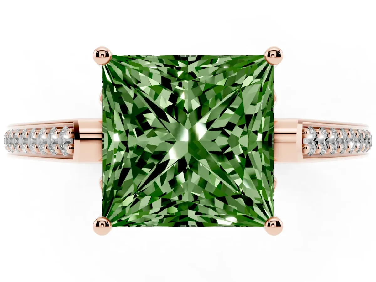 Fancy Green Princess Cut Cut Cathedral Pave Diamond Engagement Ring with Six-Prong Setting Rose gold