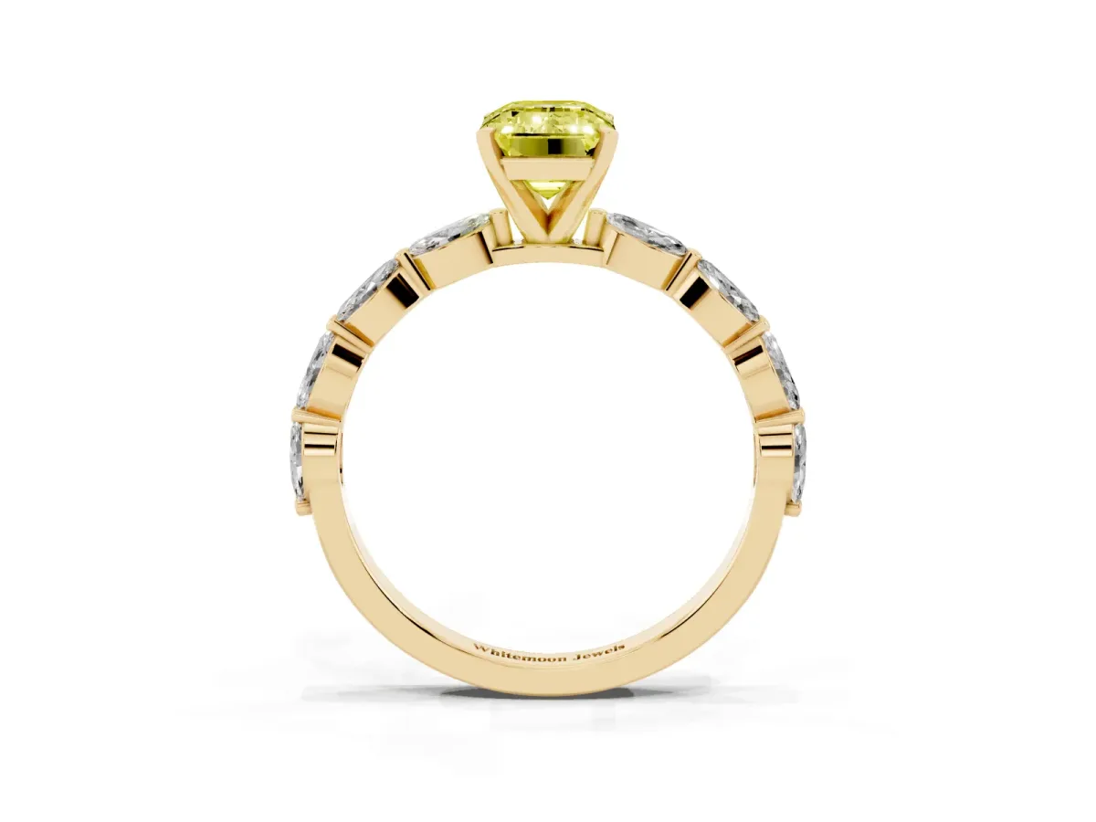 Fancy Yellow Emerald Cut Diamond Ring with Marquise Side Stones and Prong Setting Yellow gold