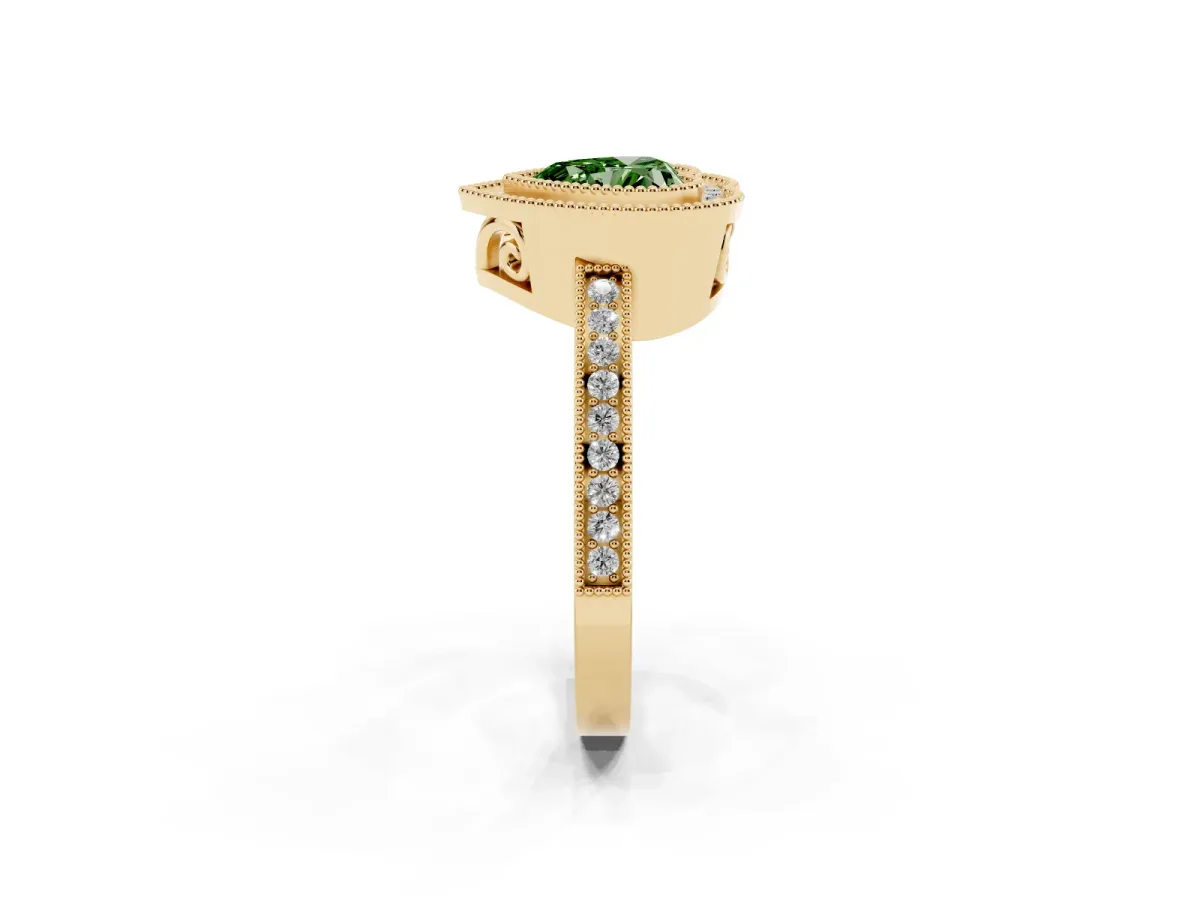 Fancy Green Heart Cut Cut Halo Diamond Ring with Pavé Band and Milgrain Prong Setting Yellow gold