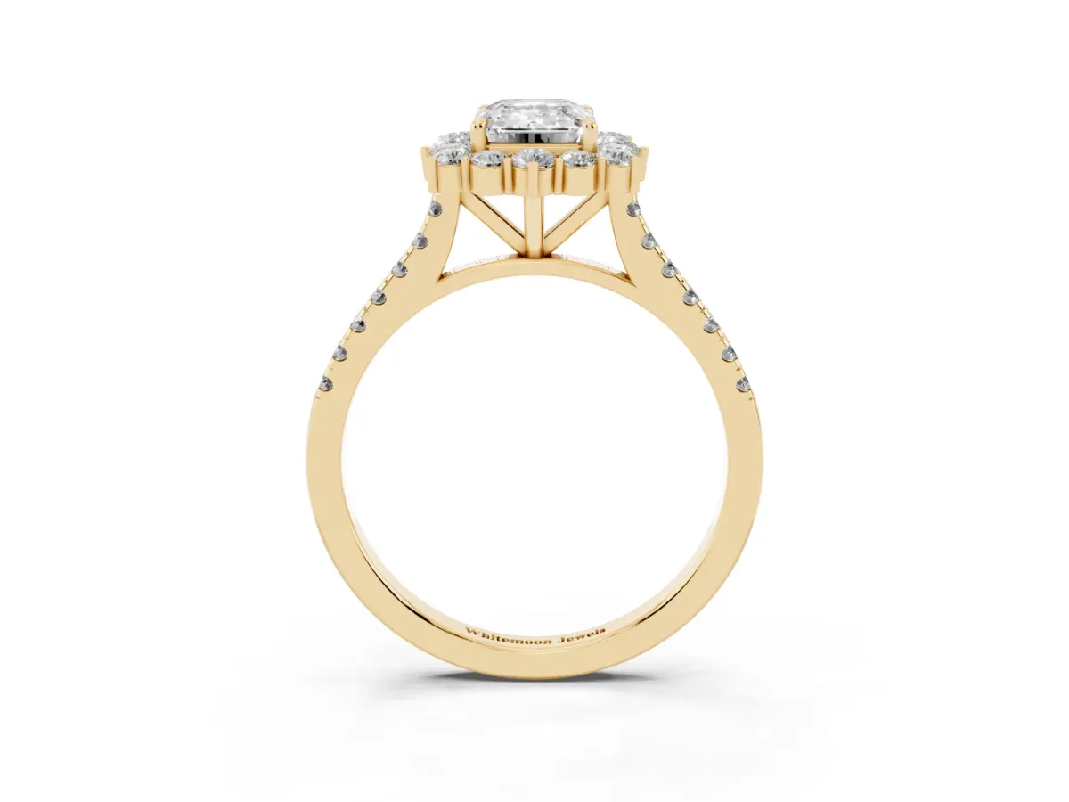 Emerald Cut Halo Diamond Ring with Pavé Band and Prong Setting Yellow gold