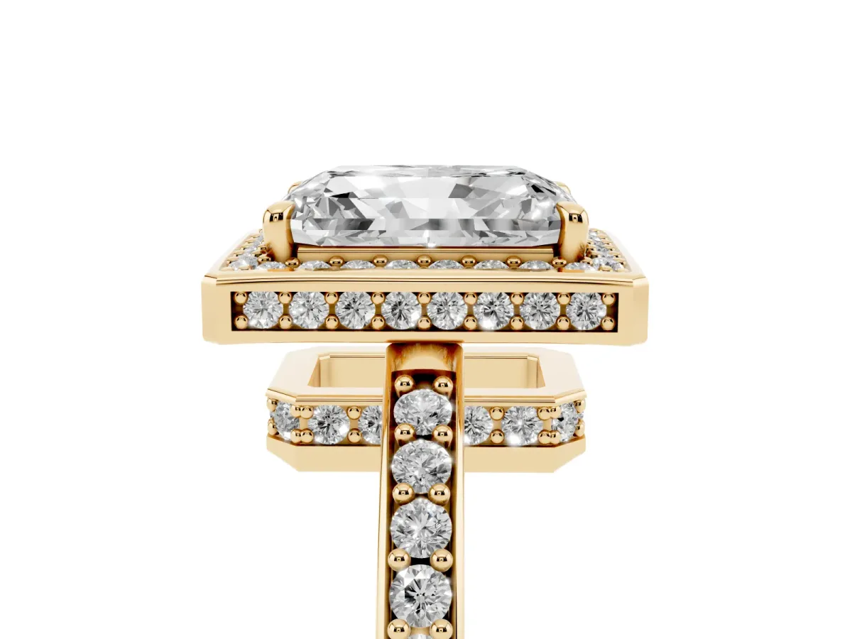 Radiant Cut Halo Pave Band Solitaire Ring with Prong Setting Yellow gold