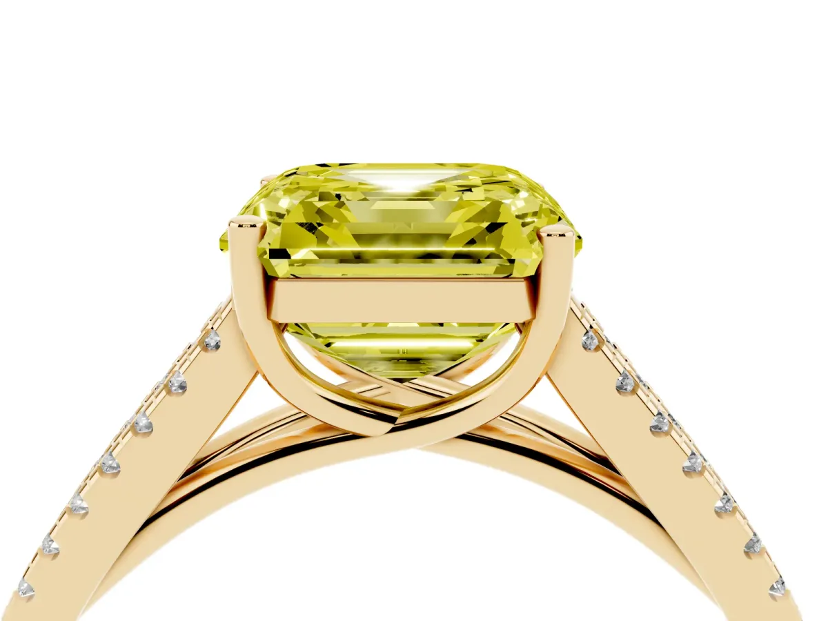 Fancy Yellow Asscher Cut Diamond Solitaire Engagement Ring with Split Shank Pavé Band Yellow gold