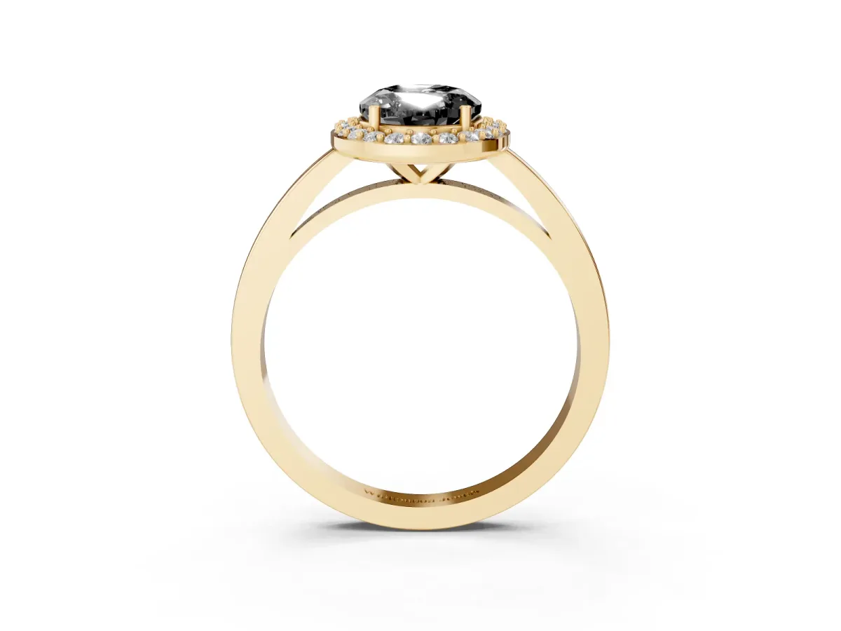 Fancy Black Oval Cut Halo Diamond Ring with Solitaire Band and Prong Setting Yellow gold