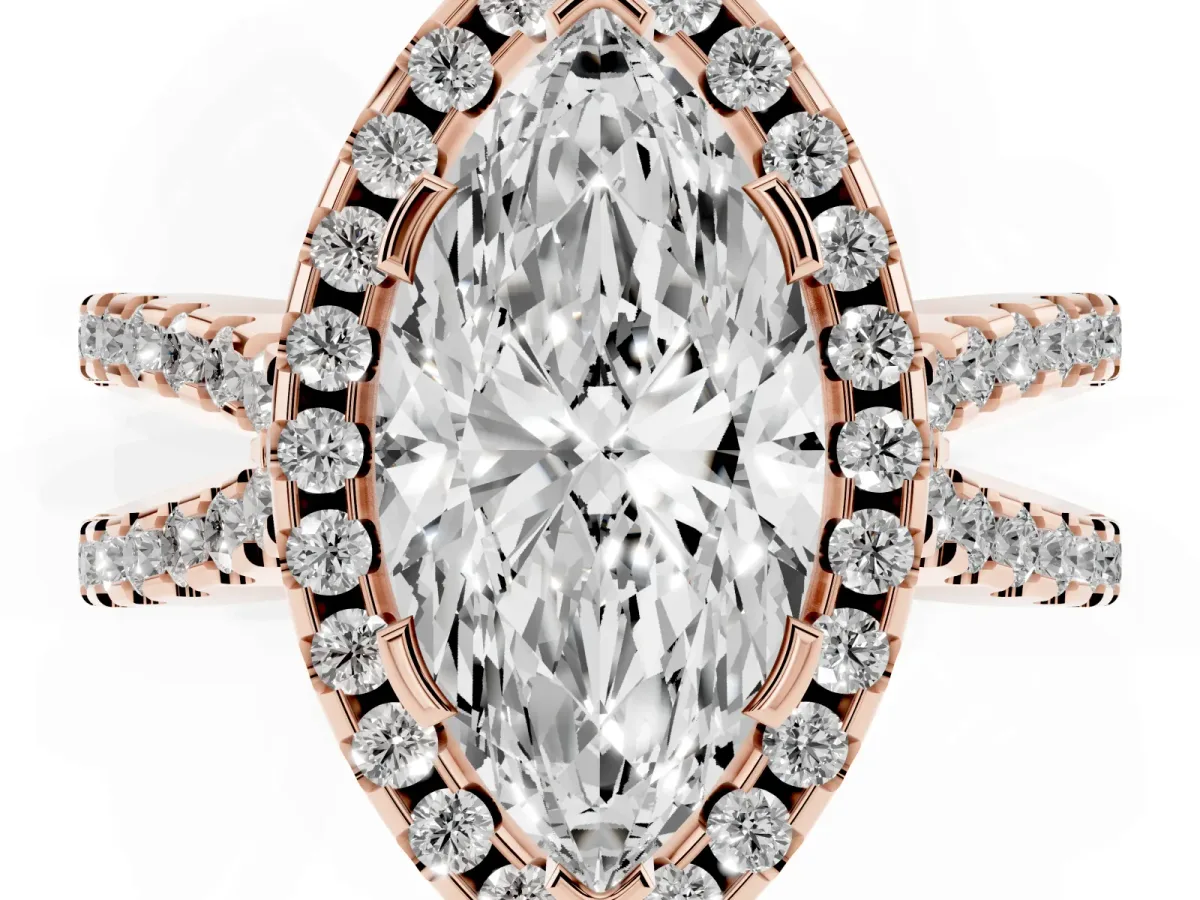Marquise Cut Diamond Halo Ring with Split Shank Pavé Band and Prong Setting Rose gold