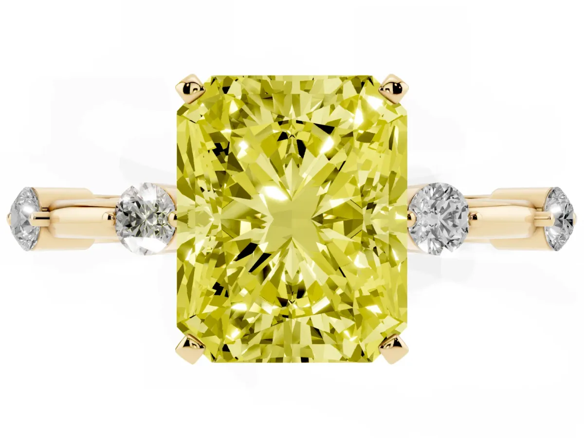 Fancy Yellow Radiant Cut Solitaire Diamond Ring with Bezel Set Side Stones and Prong Setting Yellow gold