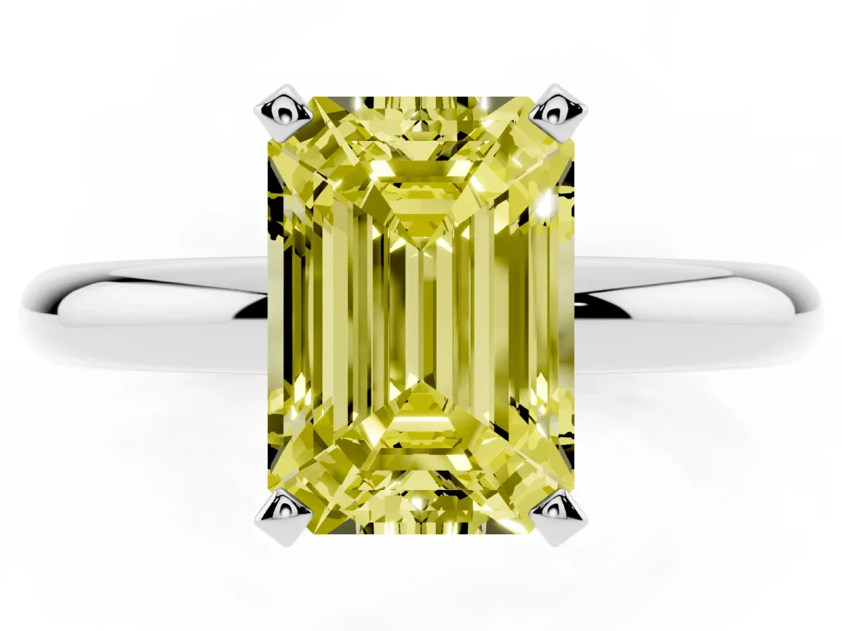 Fancy Yellow Emerald Cut Diamond Solitaire Engagement Ring with Round Band and Four-Prong Setting White gold