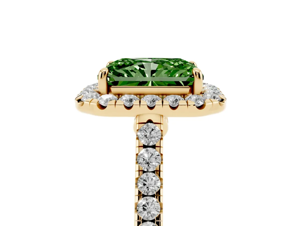 Fancy Green Radiant Cut Halo Pave Diamond Engagement Ring with Four-Prong Setting Yellow gold