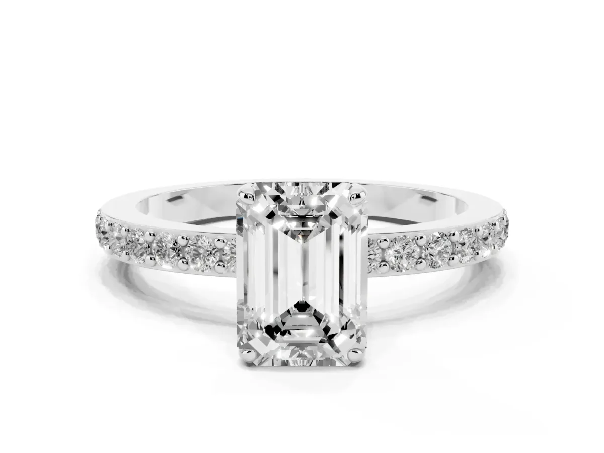 Emerald Cut Diamond Solitaire Engagement Ring with Pavé Band and Four-Prong Setting Platinum