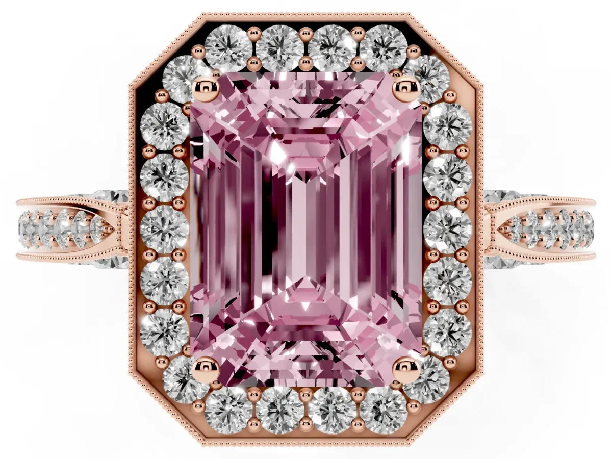 Fancy Pink Emerald Cut Halo Diamond Engagement Ring with Split Shank Band and Four-Prong Setting Rose gold
