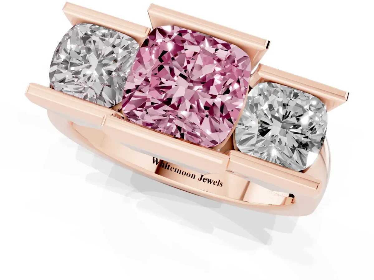 Fancy Pink Three Stone Cushion Cut Cut Channel Set Diamond Ring Rose gold