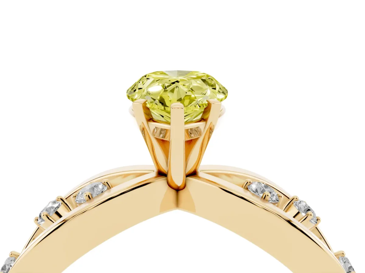 Fancy Yellow Pear Cut Cut Solitaire Diamond with Side Stones on Criss-Cross Band and Four-Prong Setting Yellow gold