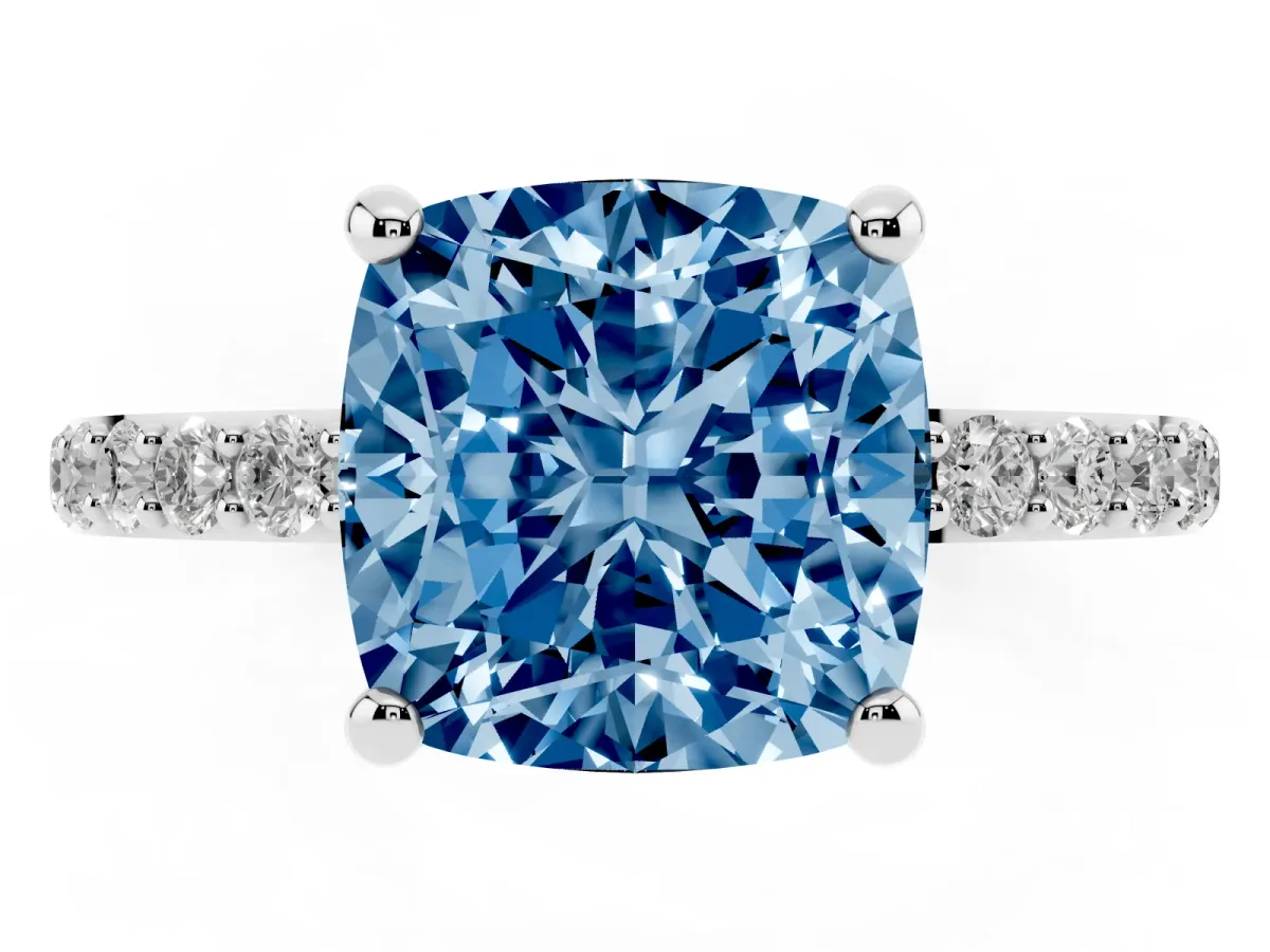 Fancy Blue Cushion Cut Diamond Solitaire Ring with Round Pavé Band and Prong Setting Silver