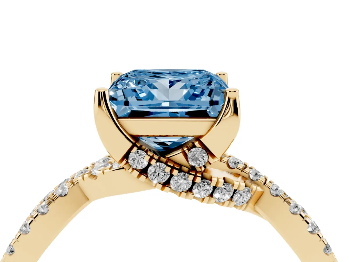 Fancy Blue Princess Cut Solitaire Twist Pave Diamond Engagement Ring with Prong Setting Yellow gold