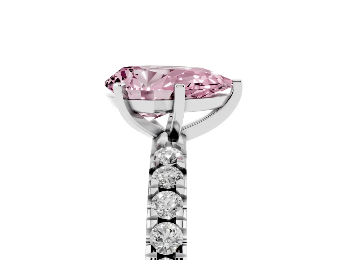Fancy Pink Pear Cut Diamond Pavé Band Solitaire with Four-Prong Setting Silver