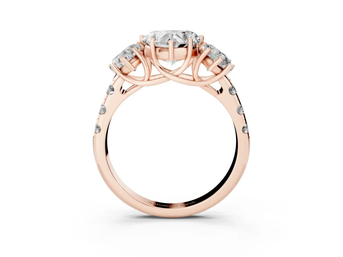 Three-Stone Heart Cut Diamond Pavé Band with Prong Setting Rose gold