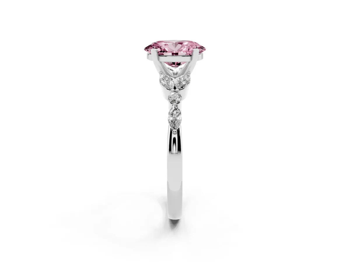 Fancy Pink Oval Cut Diamond Solitaire Ring with Side Stones and Four-Prong Setting Silver