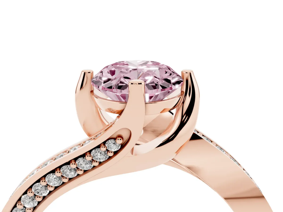 Fancy Pink Oval Cut Solitaire Diamond Twist Band with Pavé Setting and Four-Prong Setting Rose gold
