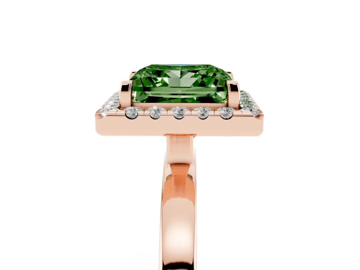 Fancy Green Princess Cut Halo Diamond Solitaire with Pavé Band and Four-Prong Setting Rose gold
