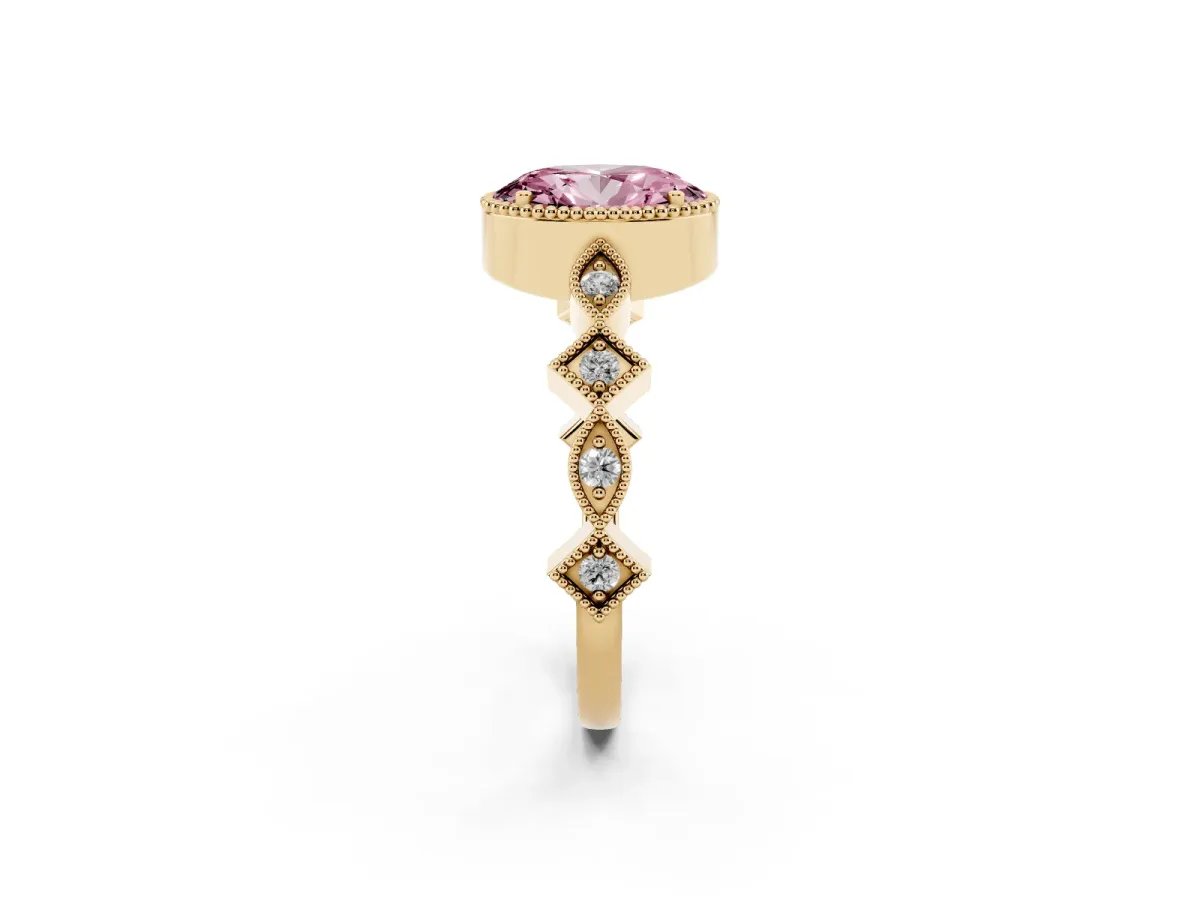 Fancy Pink Oval Cut Milgrain Marquise Diamond Twist Band Ring Yellow gold
