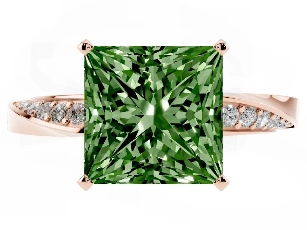 Fancy Green Princess Cut Diamond Engagement Ring with Side Stone Accents and Four-Prong Setting Rose gold