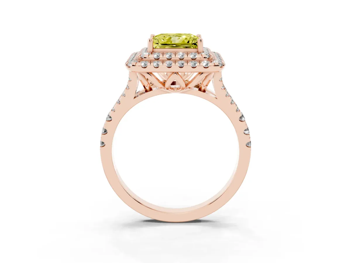 Fancy Yellow Double Halo Princess Cut Diamond Pavé Split Shank Ring with Prong Setting Rose gold
