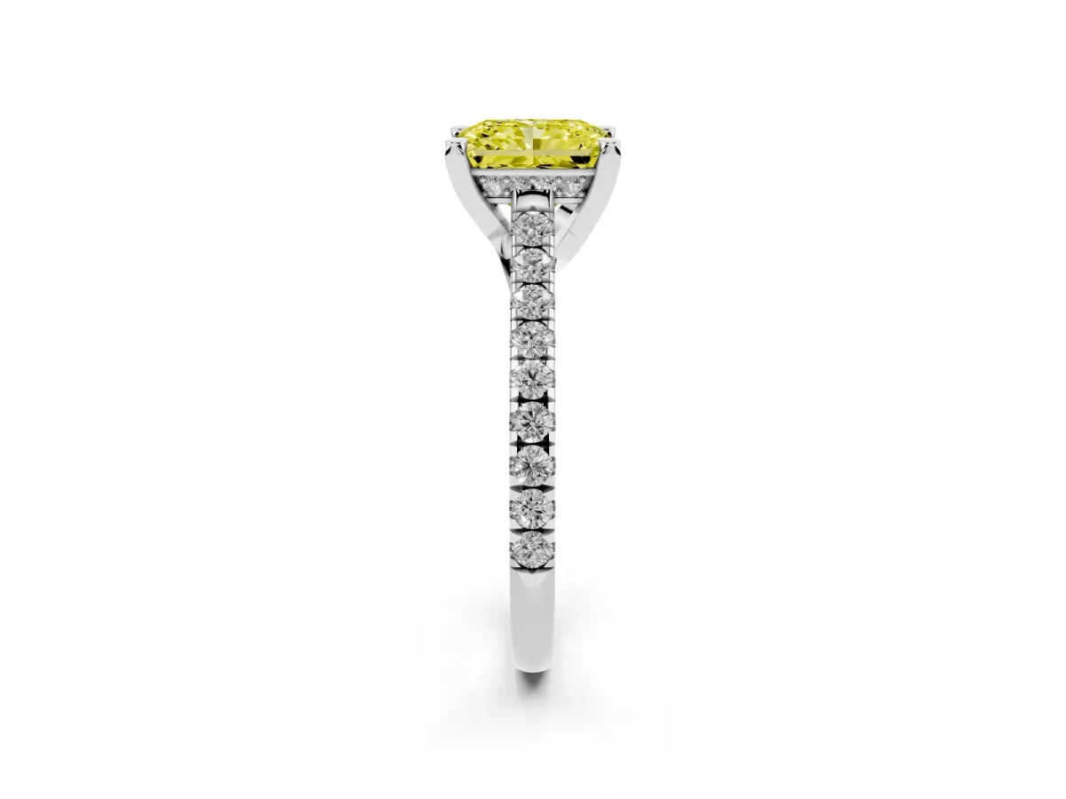 Fancy Yellow Radiant Cut Brilliant Diamond Solitaire with Pavé Band and Four-Prong Setting Platinum