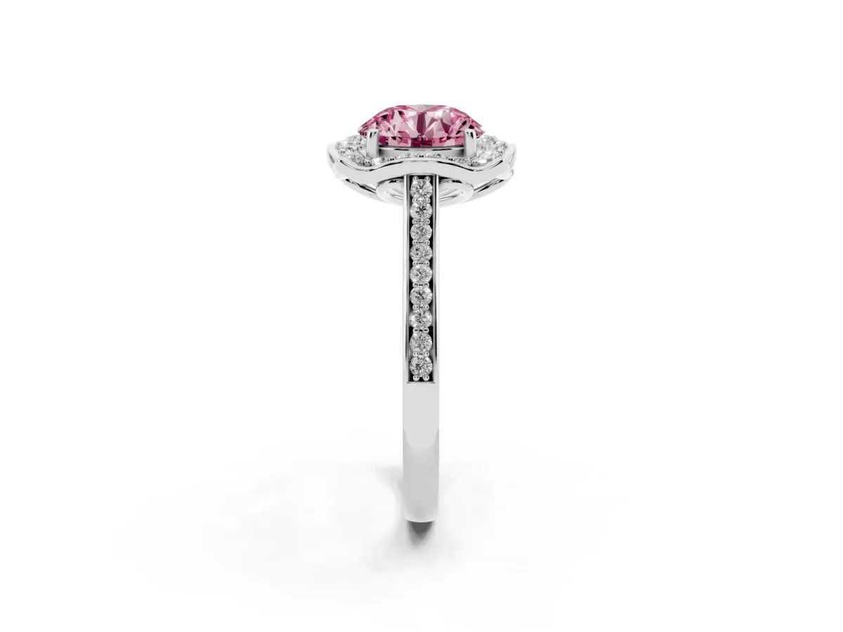 Fancy Pink Round Cut Halo Round Diamond Pave Band with Four-Prong Setting Silver