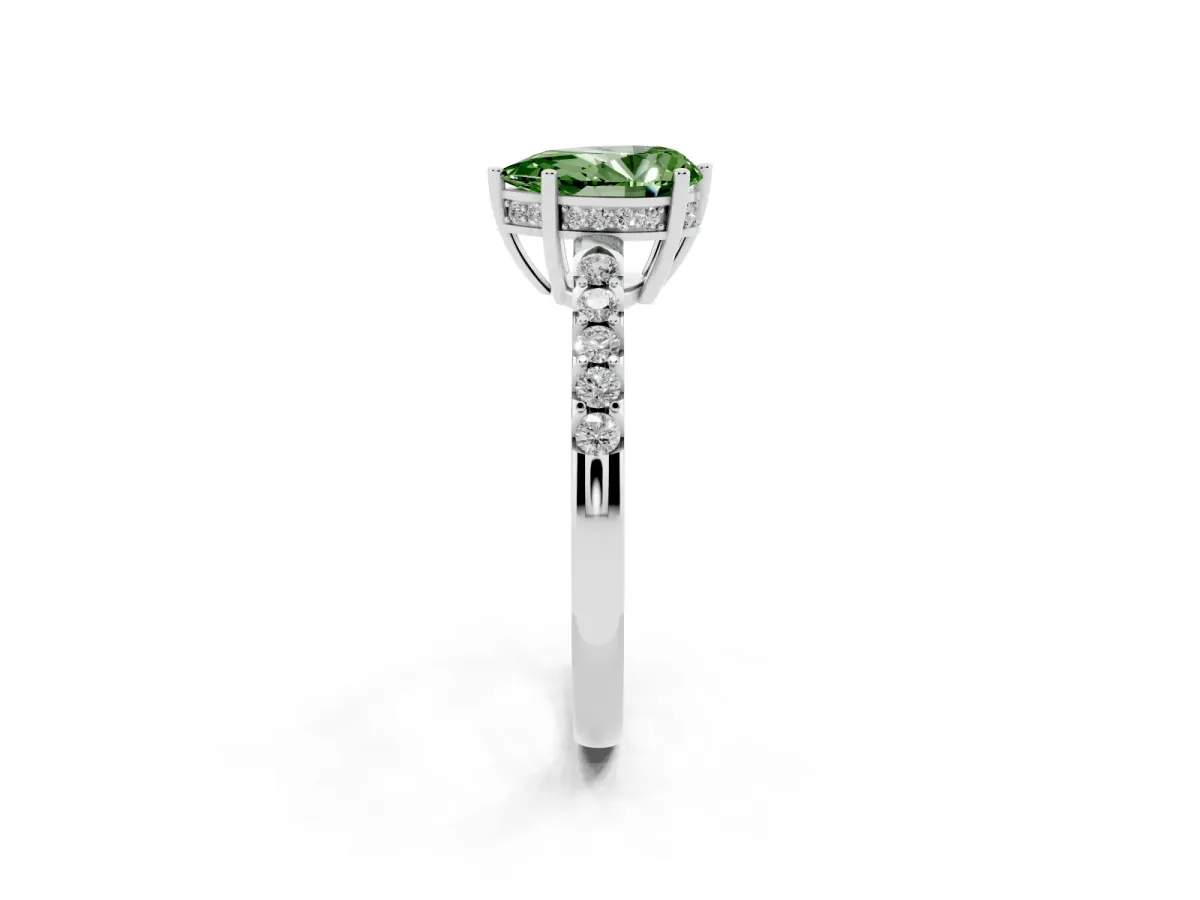 Fancy Green Pear Cut Solitaire Diamond Engagement Ring with Pavé Band and Six-Prong Setting Platinum