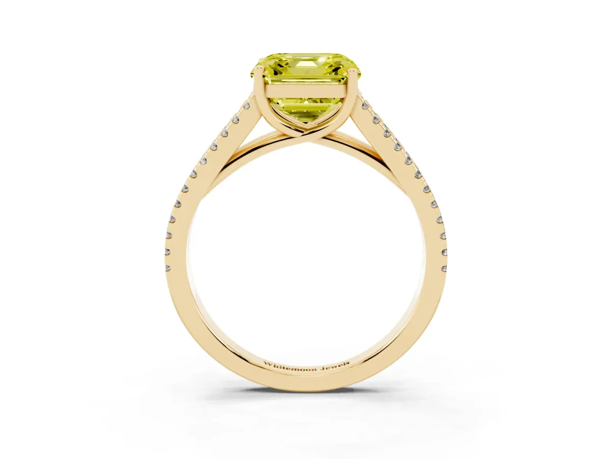 Fancy Yellow Asscher Cut Diamond Solitaire Engagement Ring with Split Shank Pavé Band Yellow gold