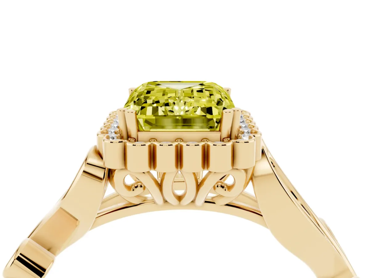 Fancy Yellow Emerald Cut Diamond Halo Ring with Vintage Split Shank and Four-Prong Setting Yellow gold